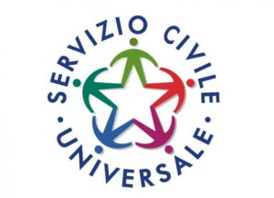 stella all'interno di un fiore stilizzati e con contorni di colori diversi; intorno in cerchio la scritta "servizio civile universale"