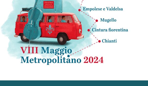 locandina con pulmino rosso con appoggiato alla fiancata un grande violoncello; scritta "VIII Maggio Metropolitano 2024" e indicazione dei comuni in cui si svolge la manifestazione