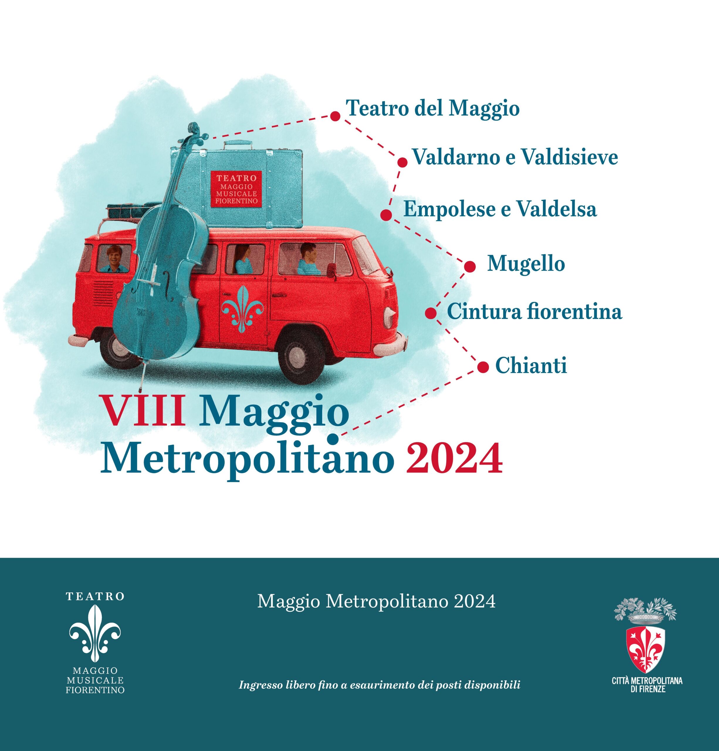 locandina con pulmino rosso con appoggiato alla fiancata un grande violoncello; scritta "VIII Maggio Metropolitano 2024" e indicazione dei comuni in cui si svolge la manifestazione