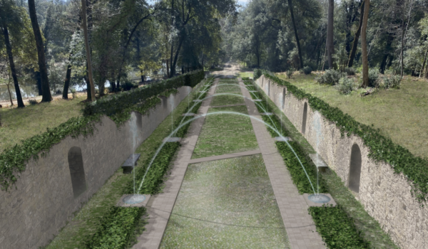 Rendering viale zampilli nel Parco Mediceo di Pratolino