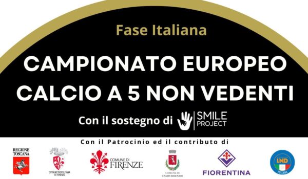 locandina "fase italiana Campionato europeo calcio a 5 non vedenti" e loghi dei sostenitori