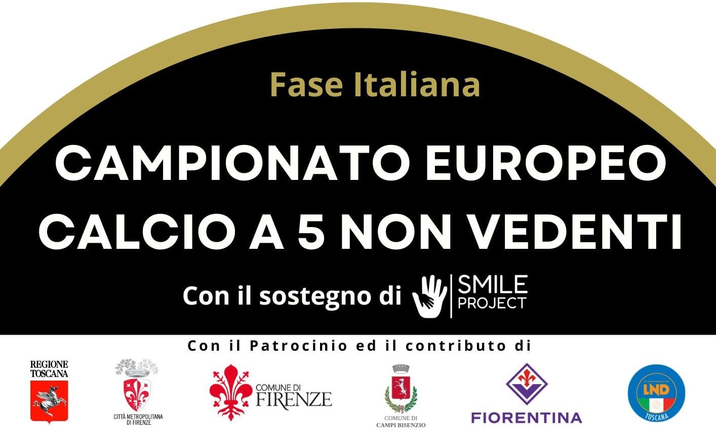 locandina "fase italiana Campionato europeo calcio a 5 non vedenti" e loghi dei sostenitori