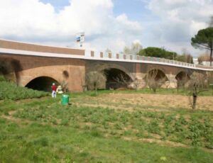 vista delle campate del ponte sull'elsa con persone sullo sfondo