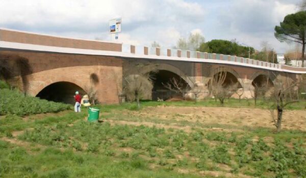 vista delle campate del ponte sull'elsa con persone sullo sfondo